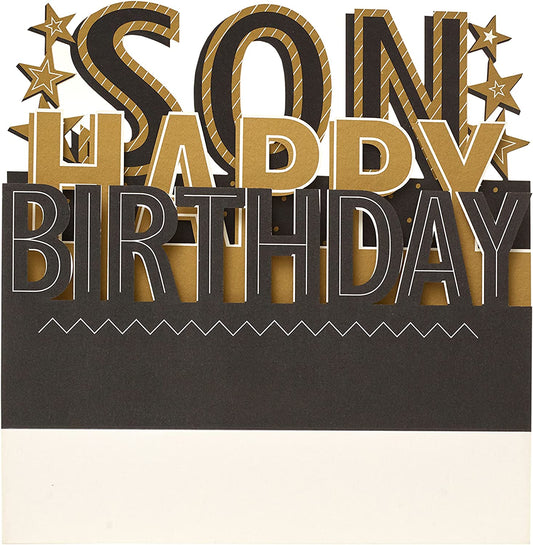 3D pop-up Son birthday greeting card by UK Greetings featuring colorful, intricate paper design and festive birthday imagery.