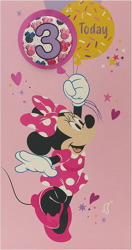 Pink Minnie Mouse 3rd birthday greeting card for girls, featuring colorful illustrations and playful design by UK Greetings.