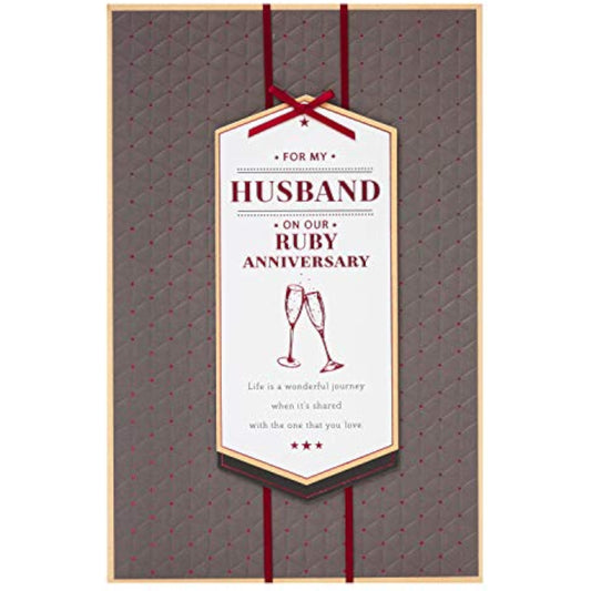 Luxury red ribbon 40th Ruby Anniversary husband greeting card by UK Greetings, featuring elegant design and heartfelt message.
