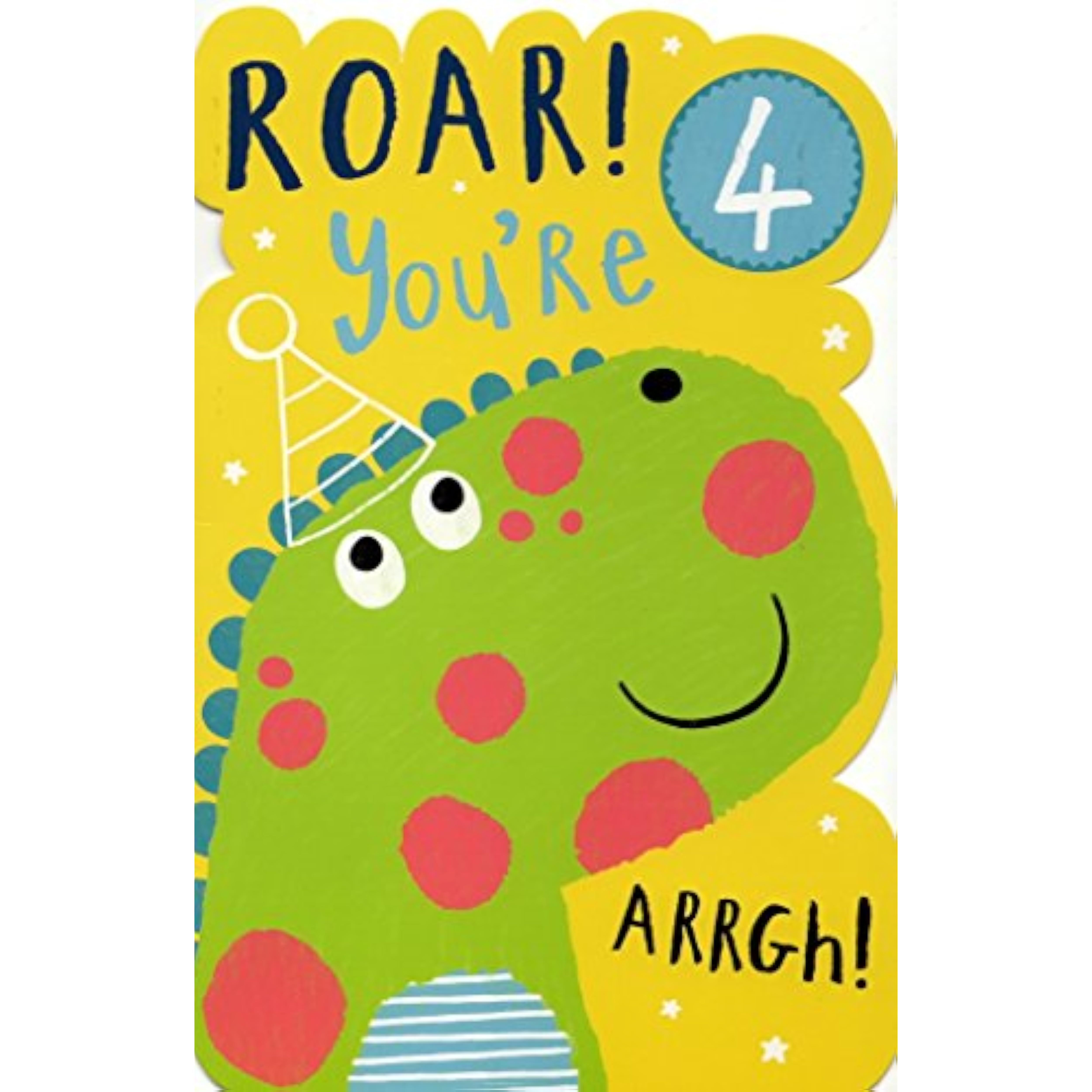 Fourth birthday dinosaur greeting card for boys with a fun dino badge from UK Greetings, featuring colorful dinosaur illustrations.