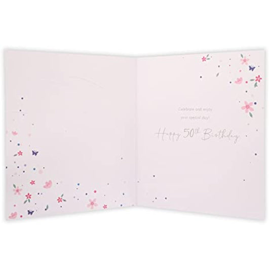 UK Greetings 50th birthday greeting card featuring festive designs and heartfelt message for celebrating milestone birthdays.