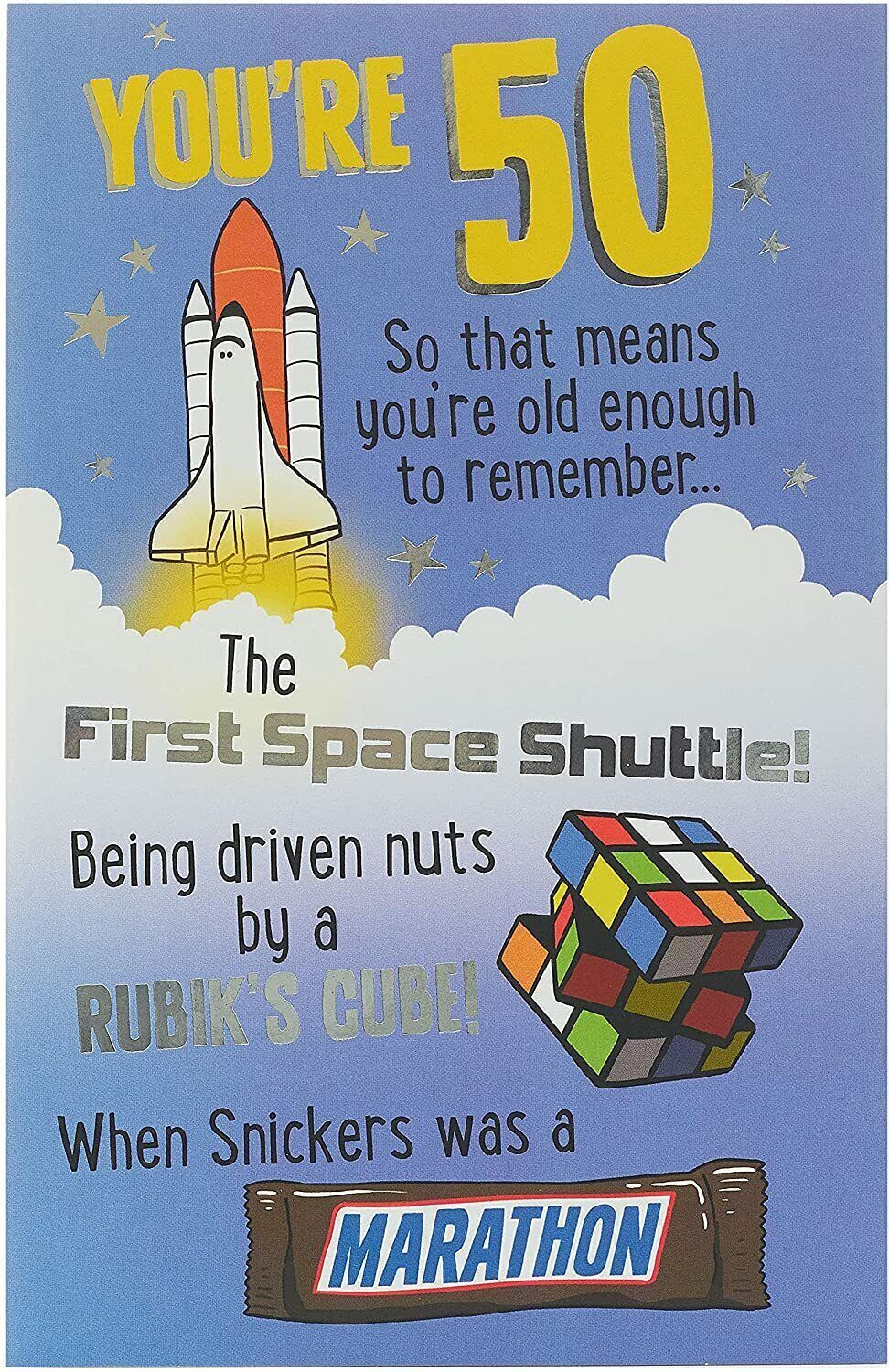 Funny 50th cheeky birthday greeting card from UK Greetings featuring humorous design and message on a colorful background.