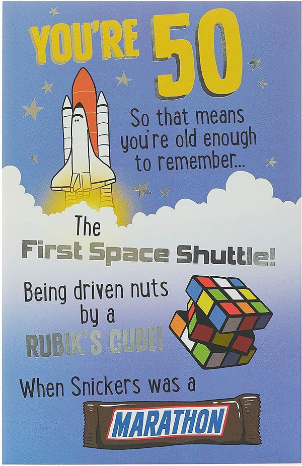 Funny 50th cheeky birthday greeting card from UK Greetings featuring humorous design and message on a colorful background.