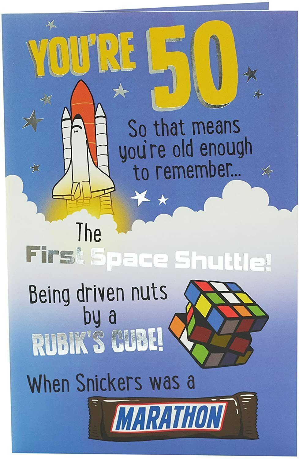 Humorous 50th birthday greeting card by UK Greetings featuring cheeky design and celebratory message.