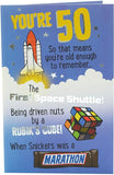 Humorous 50th birthday greeting card by UK Greetings featuring cheeky design and celebratory message.