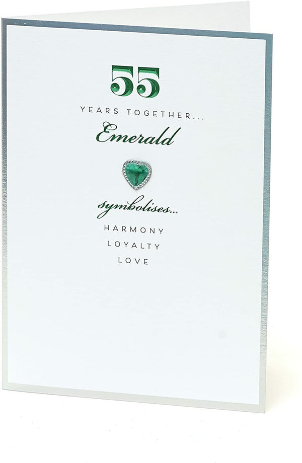 UK Greetings Emerald Anniversary greeting card featuring a heart-shaped gem and love-themed design for 55th celebration.