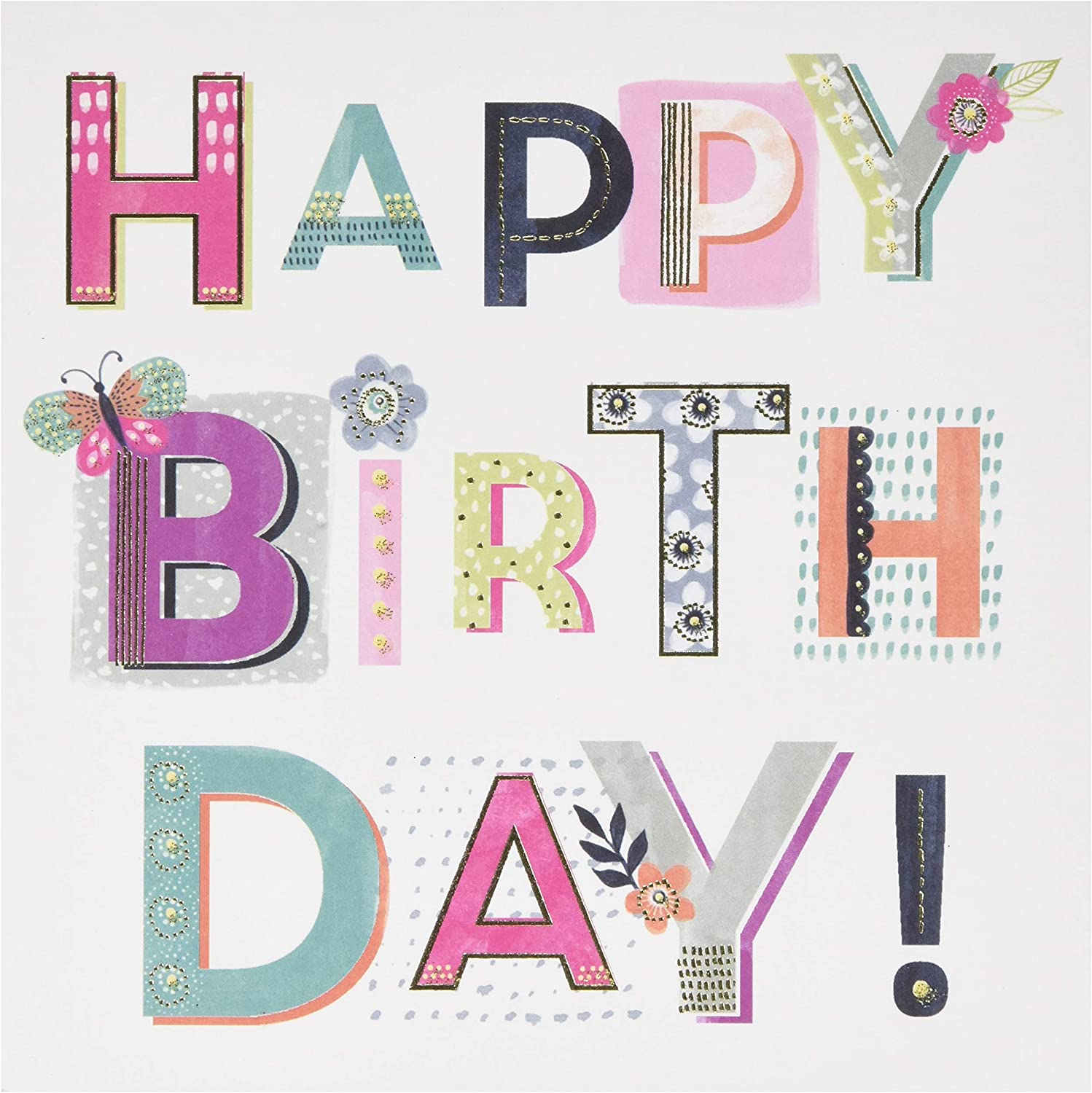 Six UK Greetings birthday greeting cards for her with cheerful "Happy Birthday" lettering and decorative designs.