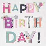Six UK Greetings birthday greeting cards for her with cheerful "Happy Birthday" lettering and decorative designs.