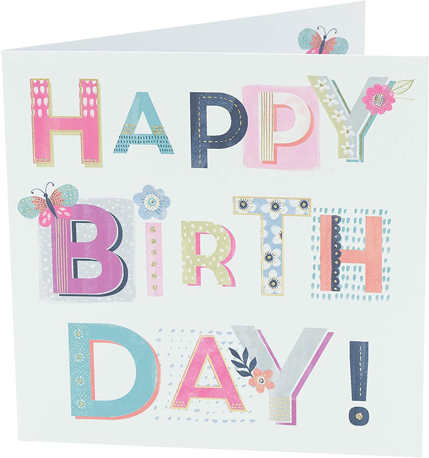 Six Pretty Birthday Greeting Cards for Her with happy birthday lettering by UK Greetings, featuring colorful and festive designs.