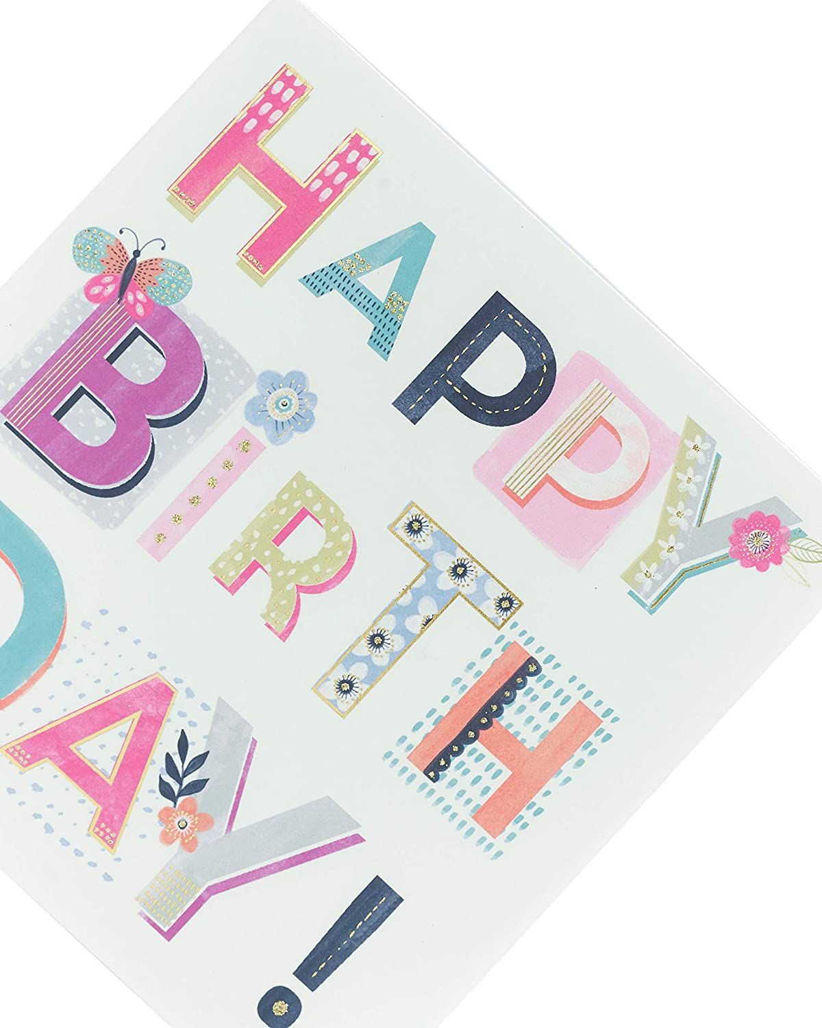 Set of 6 UK Greetings birthday greeting cards for women featuring cheerful "Happy Birthday" lettering and festive designs.