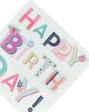 Set of 6 UK Greetings birthday greeting cards for women featuring cheerful "Happy Birthday" lettering and festive designs.