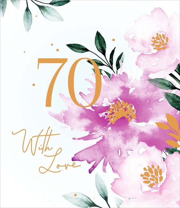 Pastel floral 70th birthday greeting card by UK Greetings featuring colorful floral designs on the front.