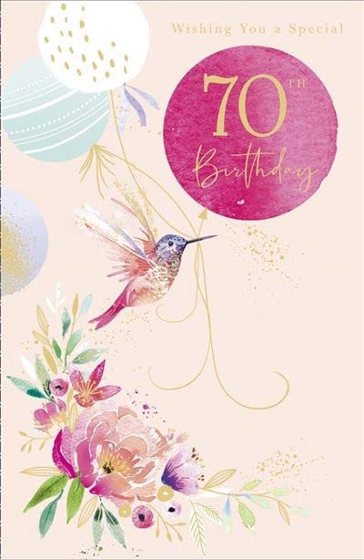 Gold 70th Hummingbird Balloon greeting card by UK Greetings featuring a colorful hummingbird and festive 70th birthday design.