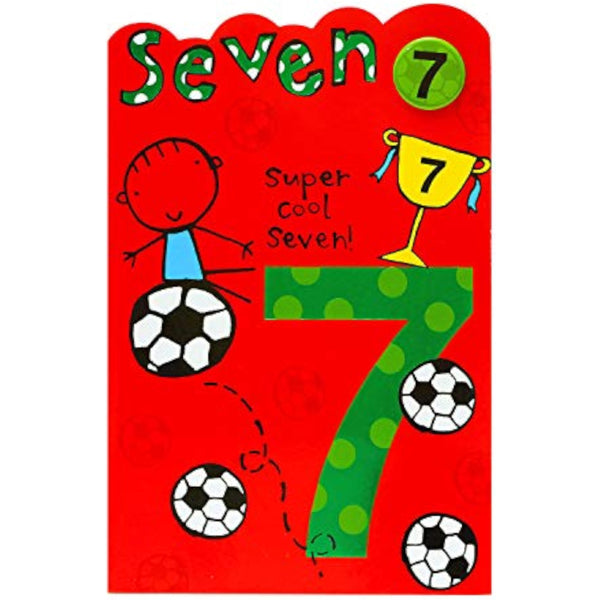 UK Greetings 7th birthday football greeting card featuring a badge design, perfect for celebrating a young football fan.