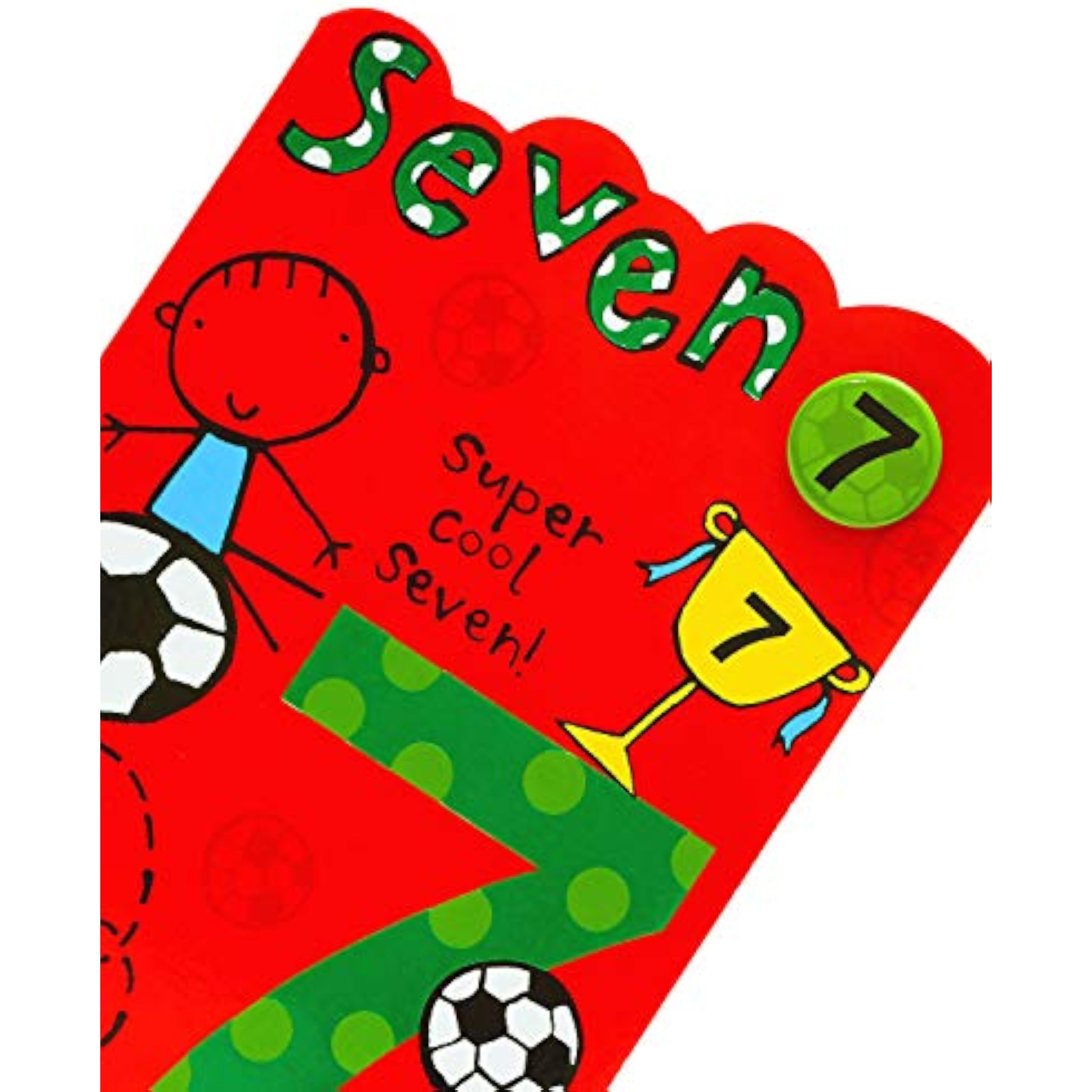 UK Greetings 7th football birthday greeting card featuring a badge design with football-themed illustrations for kids' celebration