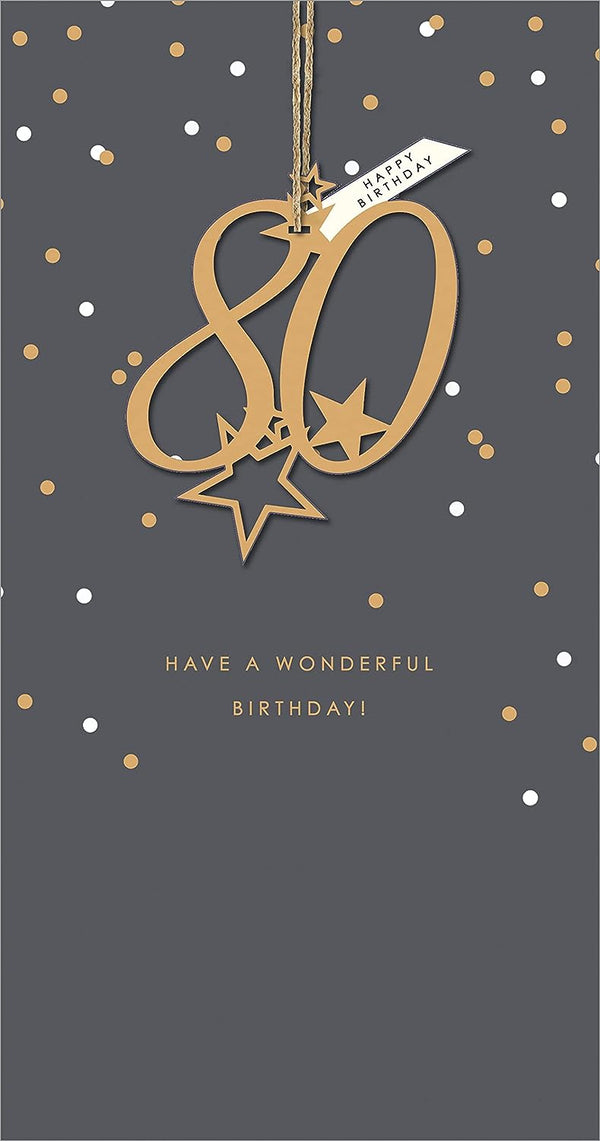 80th birthday greeting card for him, her, or friend featuring a raffia design, from UK Greetings.