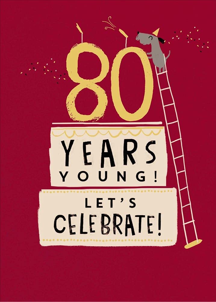 80th birthday greeting card from UK Greetings featuring a "Years Young" design with colorful, celebratory artwork.