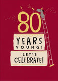 80th birthday greeting card from UK Greetings featuring a "Years Young" design with colorful, celebratory artwork.