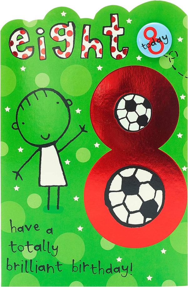 8th football birthday greeting card with badge from UK Greetings, featuring a sporty design for young football fans.