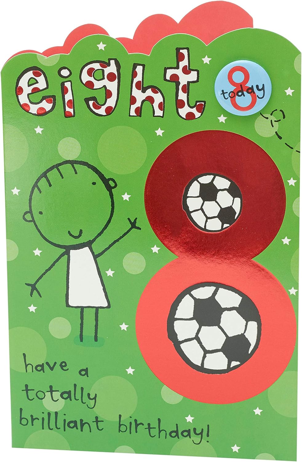 8th football-themed birthday greeting card with badge from UK Greetings, featuring colorful football graphics and celebratory design.