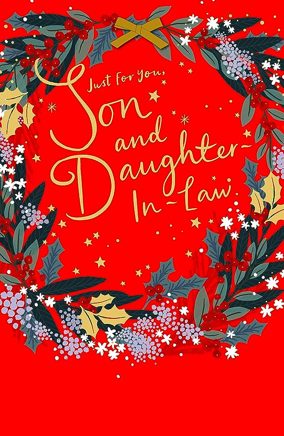 Festive greeting card from UK Greetings featuring a heartfelt message for son and daughter-in-law, with holiday-themed foil design.