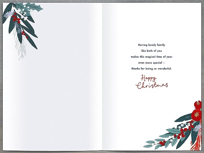 Festive Christmas greeting card from UK Greetings featuring a heartfelt message for sons and daughters-in-law with holiday design elements.