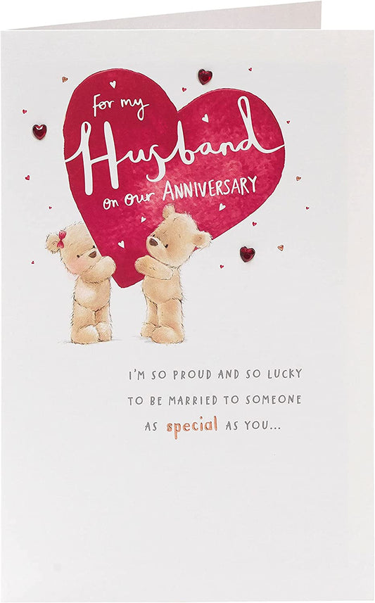 Adorable bears husband anniversary greeting card from UK Greetings, featuring cute bear illustrations and heartfelt message.