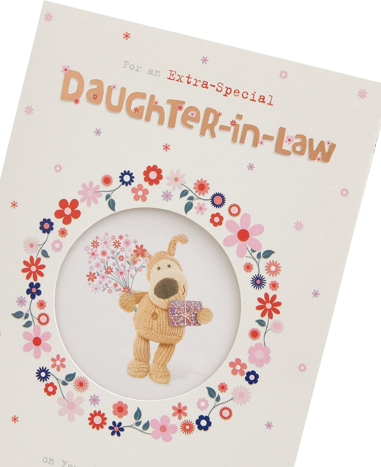 Adorable Boofle daughter-in-law birthday greeting card with colorful floral design and cheerful illustration, UK Greetings brand.