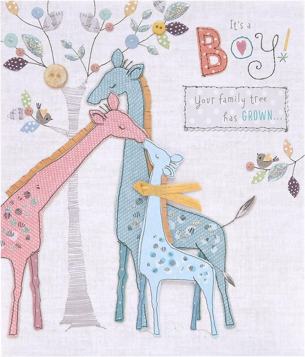 Adorable giraffe design greeting card for new baby boy by UK Greetings, featuring cute giraffe illustration on front.