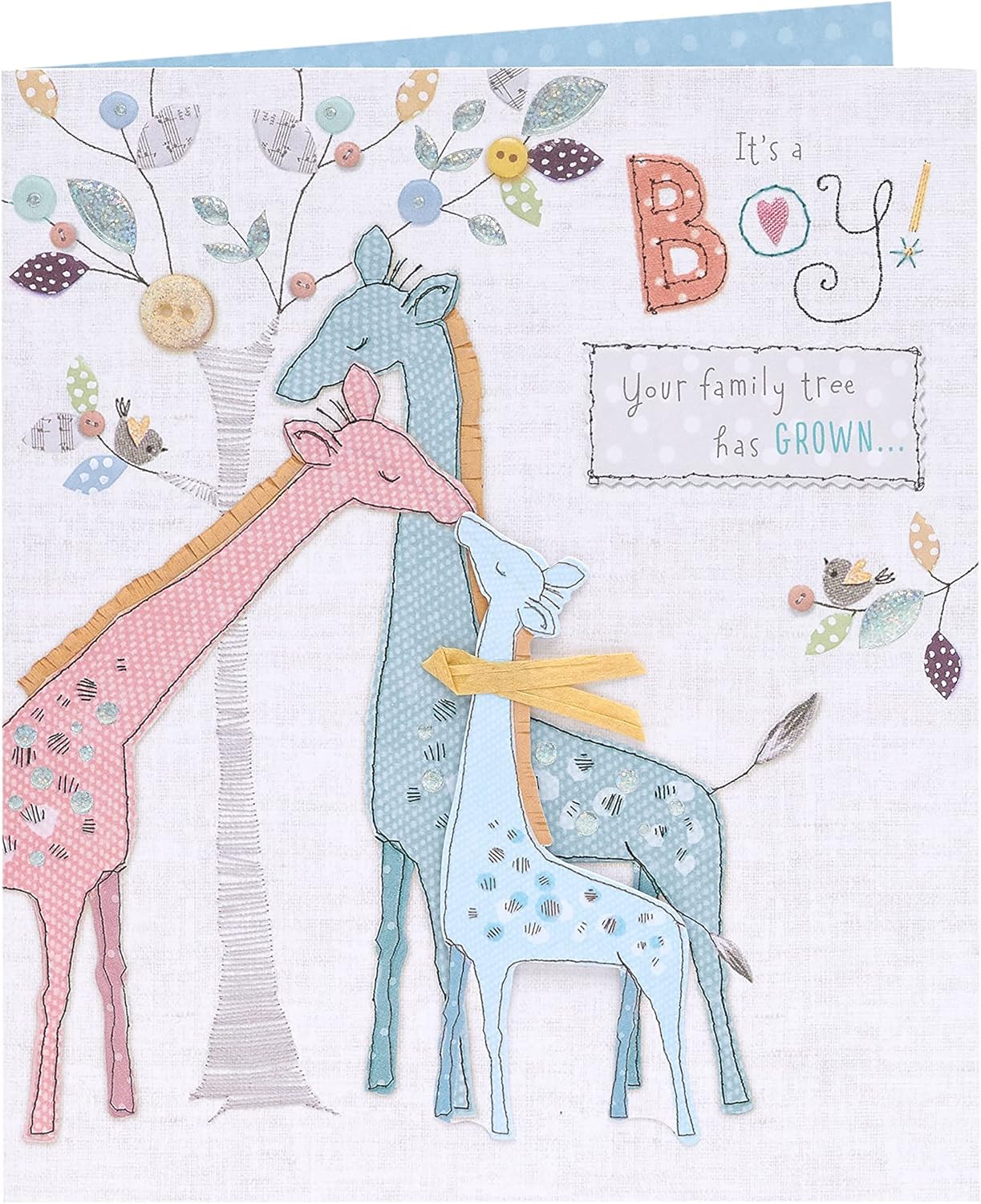 Cute giraffe greeting card for new baby boy by UK Greetings, featuring adorable animal illustration on a cheerful card.