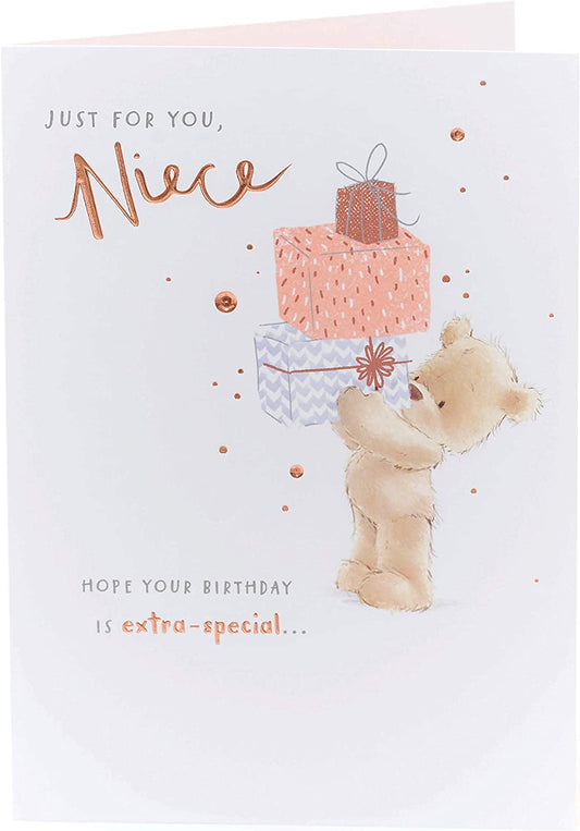 Cute teddy bear birthday greeting card for niece with pink foil accents, featuring adorable design from UK Greetings.