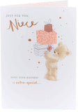 Cute teddy bear birthday greeting card for niece with pink foil accents, by UK Greetings.