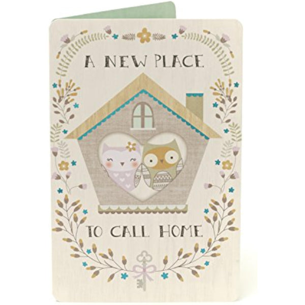 Cute owl couple greeting card from UK Greetings with "New Home" and "Congratulations" message, featuring colorful owl illustrations.