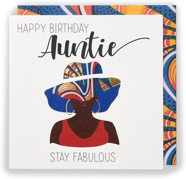 Afrotouch Kindred Auntie birthday greeting card showing vibrant floral design and heartfelt message from UK Greetings.