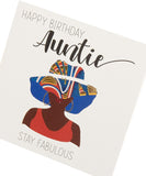 Afrotouch Kindred Auntie birthday greeting card by UK Greetings featuring vibrant floral design and heartfelt message inside.