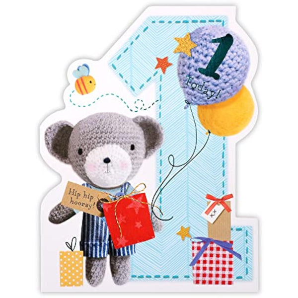 Age 1 knitted bear with balloon birthday greeting card from UK Greetings, featuring a cute teddy bear and colorful balloon design.