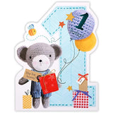 Age 1 knitted bear with balloon birthday greeting card from UK Greetings, featuring a cute teddy bear and colorful balloon design.