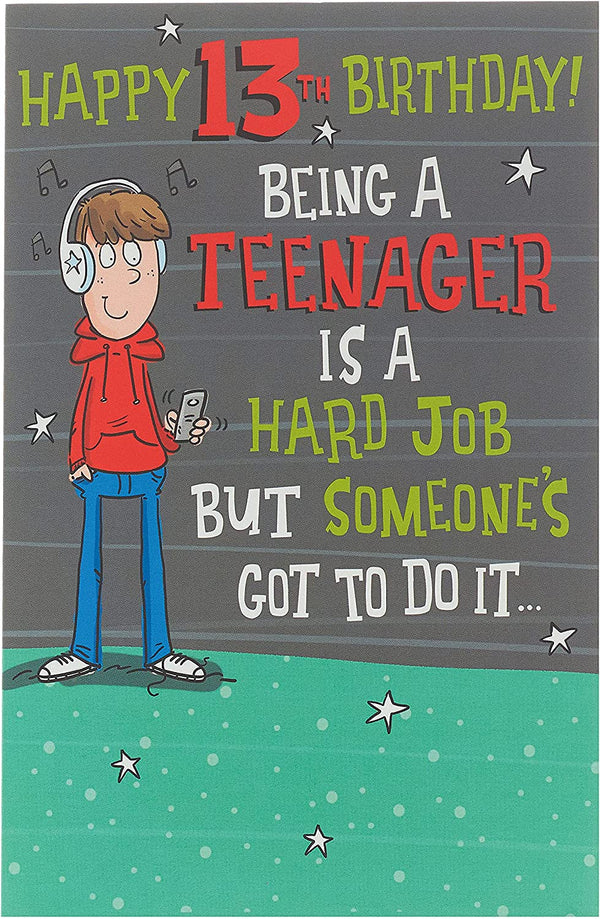 Teenage boy birthday greeting card with humorous design from UK Greetings, featuring playful artwork appropriate for a 13th birthday celebration.