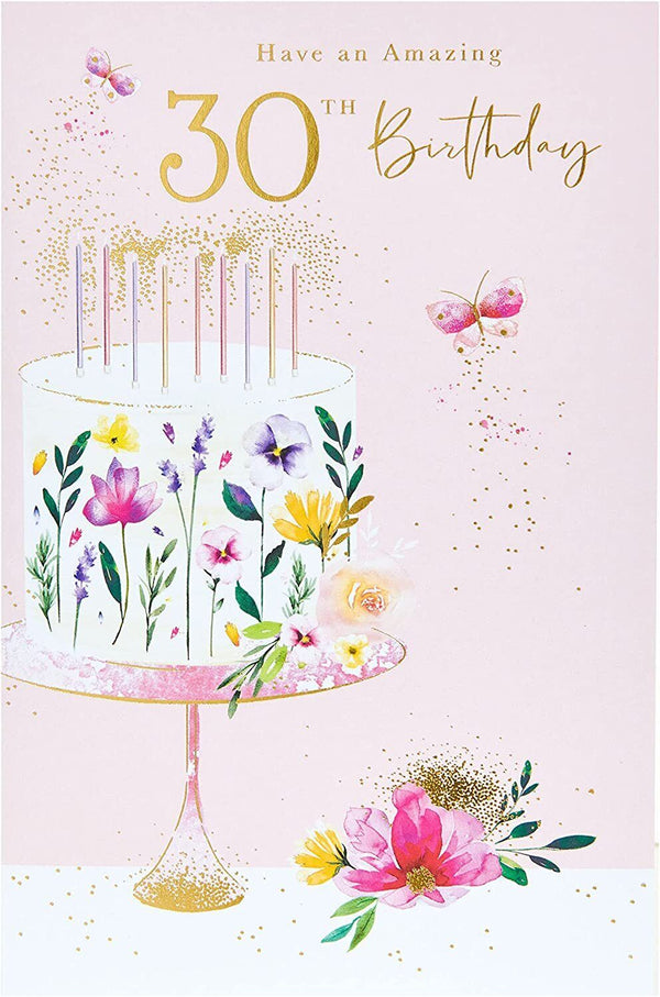Colorful 30th birthday greeting card from UK Greetings with joyful design and festive message for celebrating life's milestone.