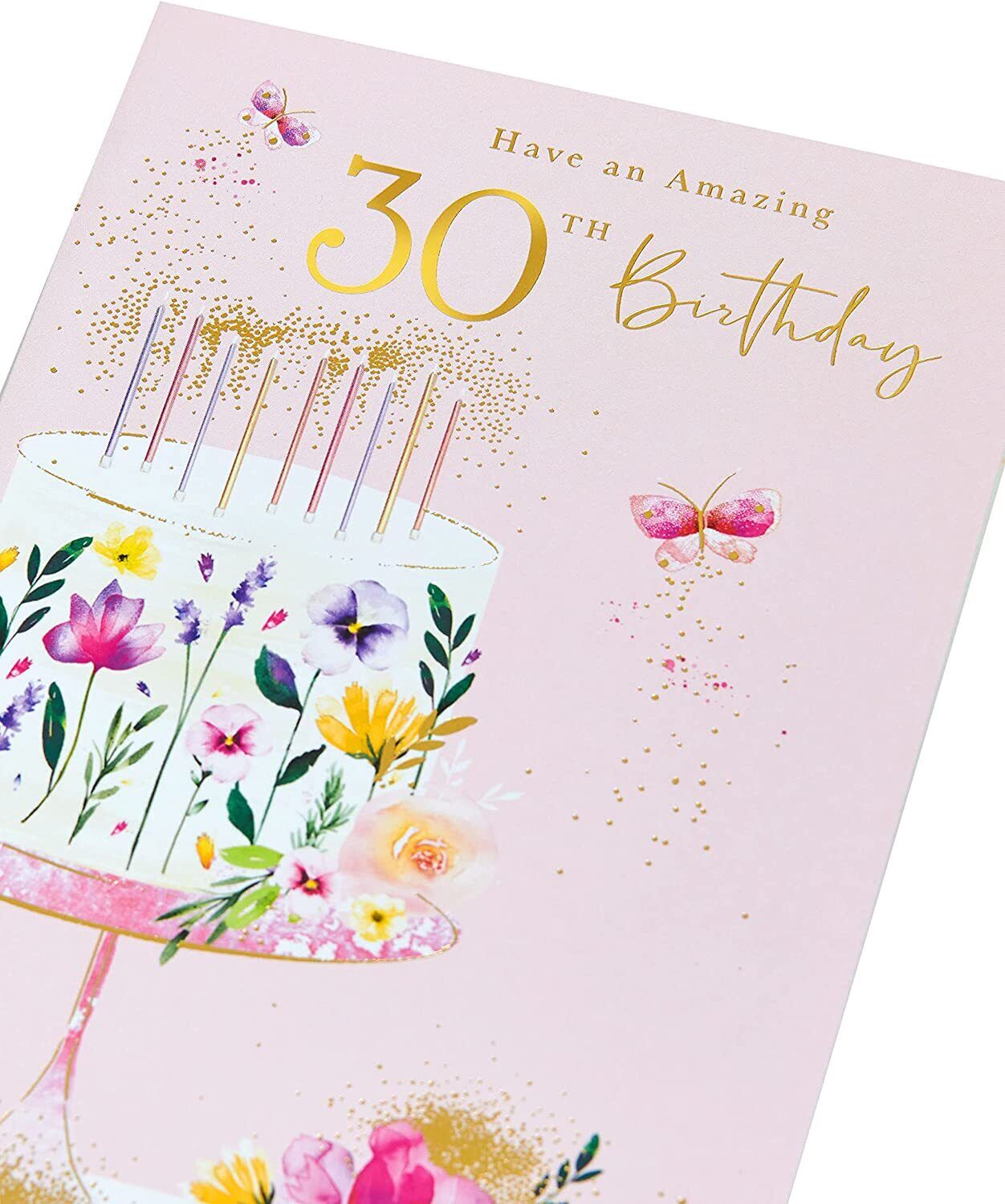 Colorful 30th birthday greeting card by UK Greetings with joyful burst design and celebratory message inside.