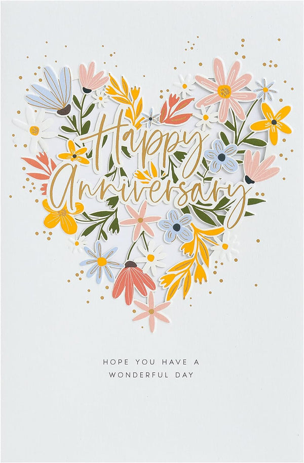Floral heart design anniversary greeting card for him, her, or friend by UK Greetings, featuring colorful flower illustrations.