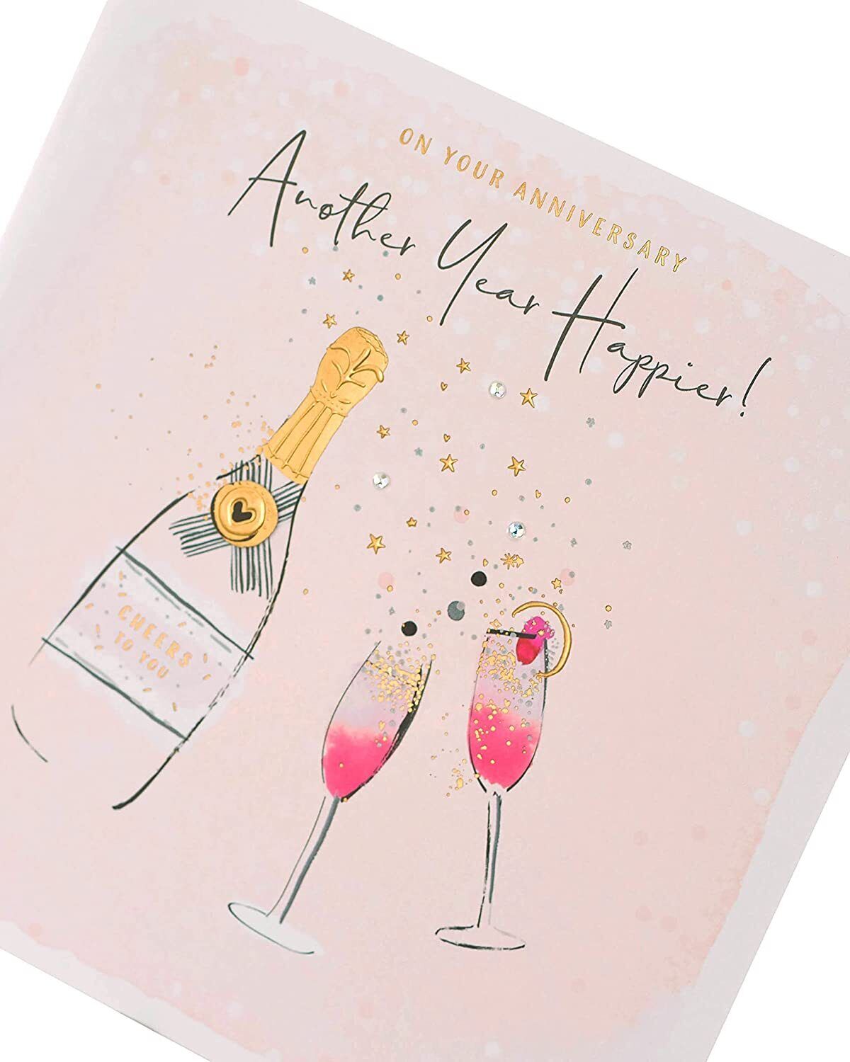 Upside-down greeting card featuring "Another Year Happier" couple anniversary design, from UK Greetings, with decorative details.