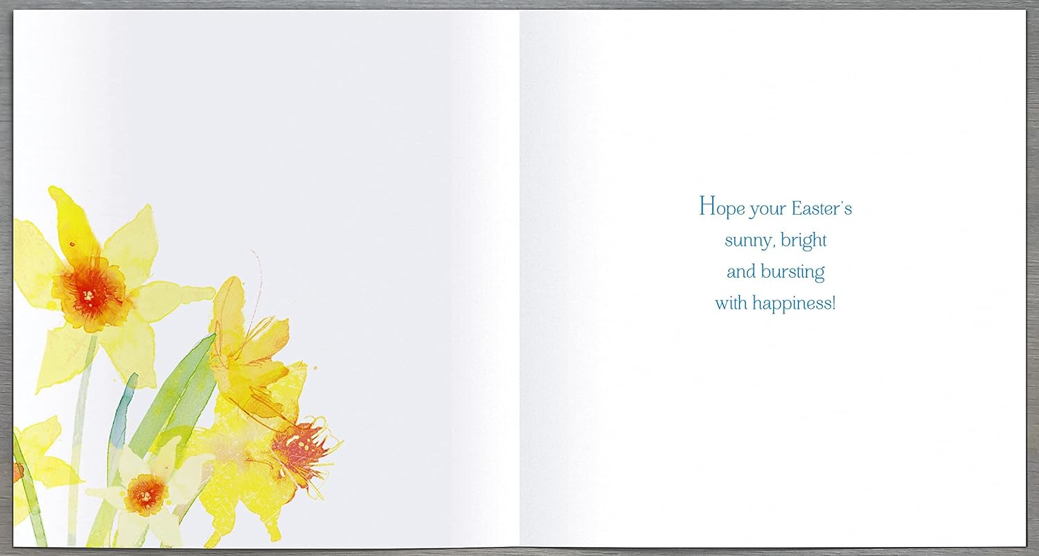 Artistic Daffodils Easter greeting card with floral illustration, embellished design, UK Greetings brand, suitable for spring celebrations.