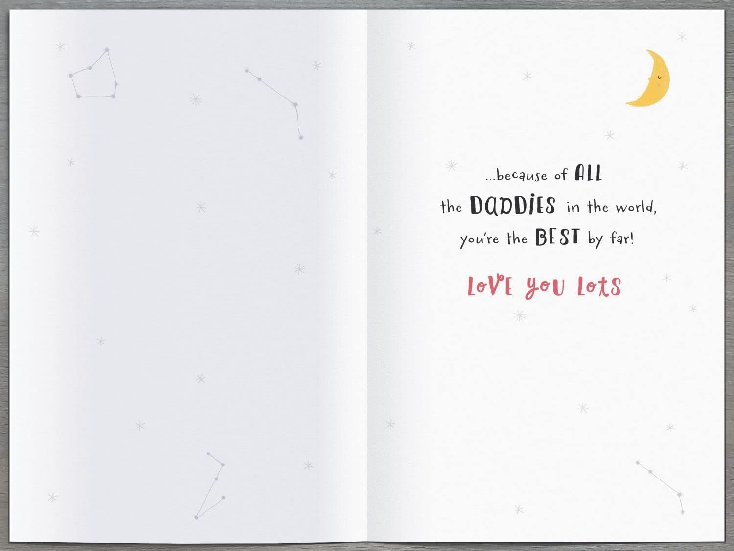 Artistic Father's Day greeting card by UK Greetings with moon and stars design, expressing love with "Love You To The Moon And Back" message.