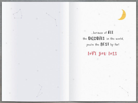 Artistic Father's Day greeting card by UK Greetings with moon and stars design, expressing love with "Love You To The Moon And Back" message.
