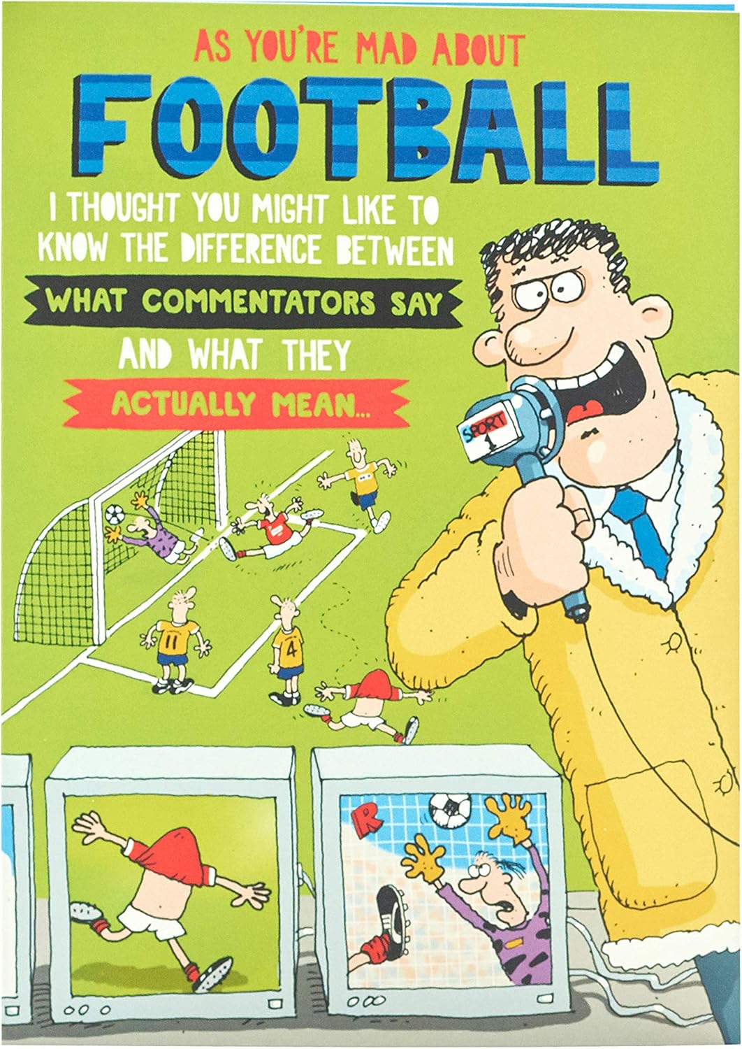 Football-themed birthday greeting card by UK Greetings featuring playful "Mad About Football" design and festive decorations.