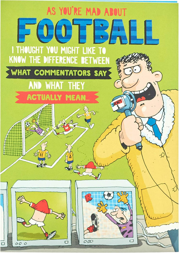 Football-themed birthday greeting card by UK Greetings featuring playful "Mad About Football" design and festive decorations.