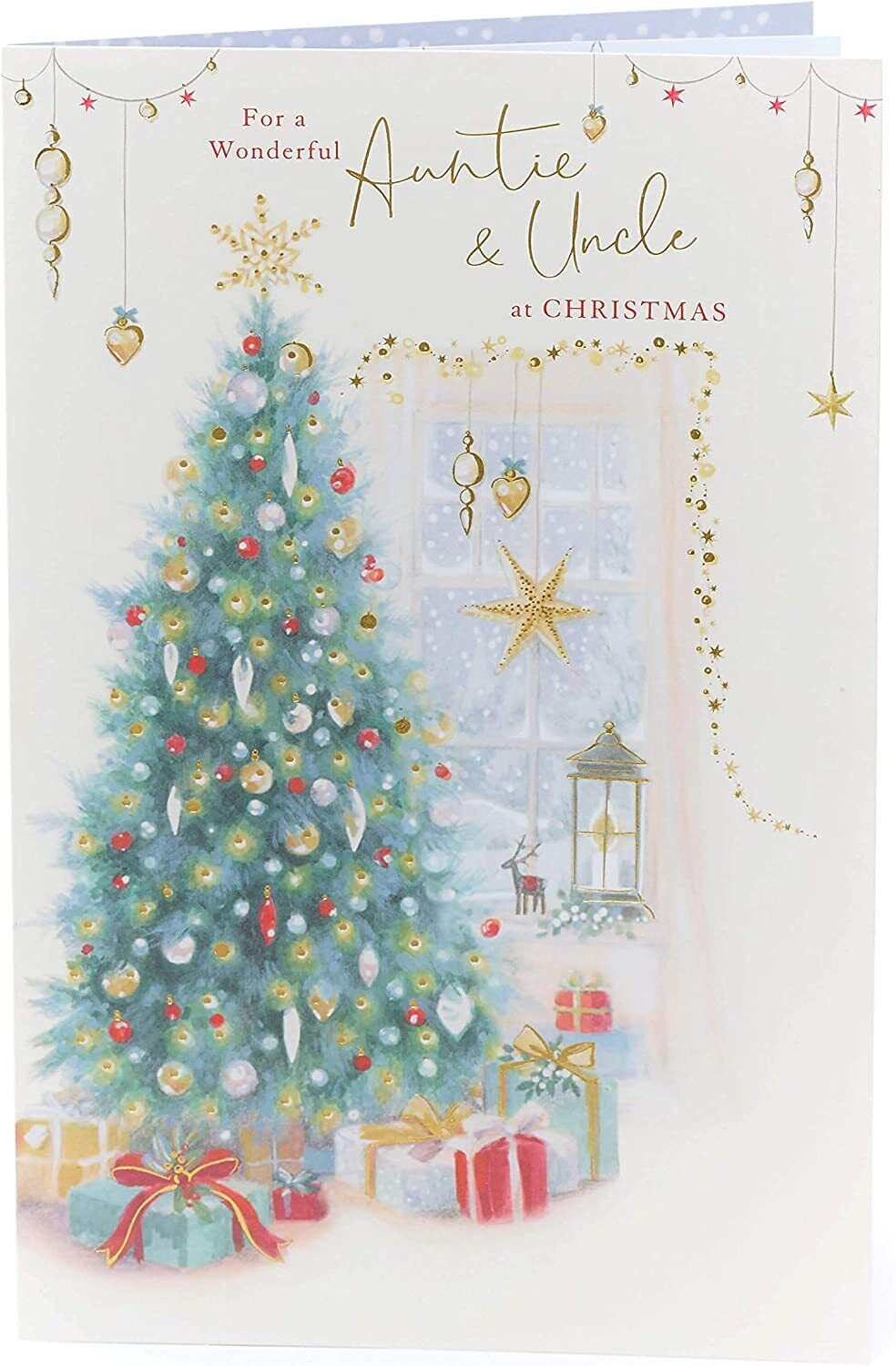 Auntie and Uncle Christmas Card featuring a traditional Christmas tree with elegant gold foil accents, ideal for holiday greetings.