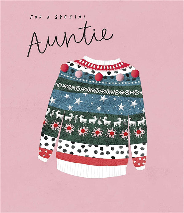 Festive Auntie Christmas greeting card featuring a colorful Christmas jumper design by UK Greetings.