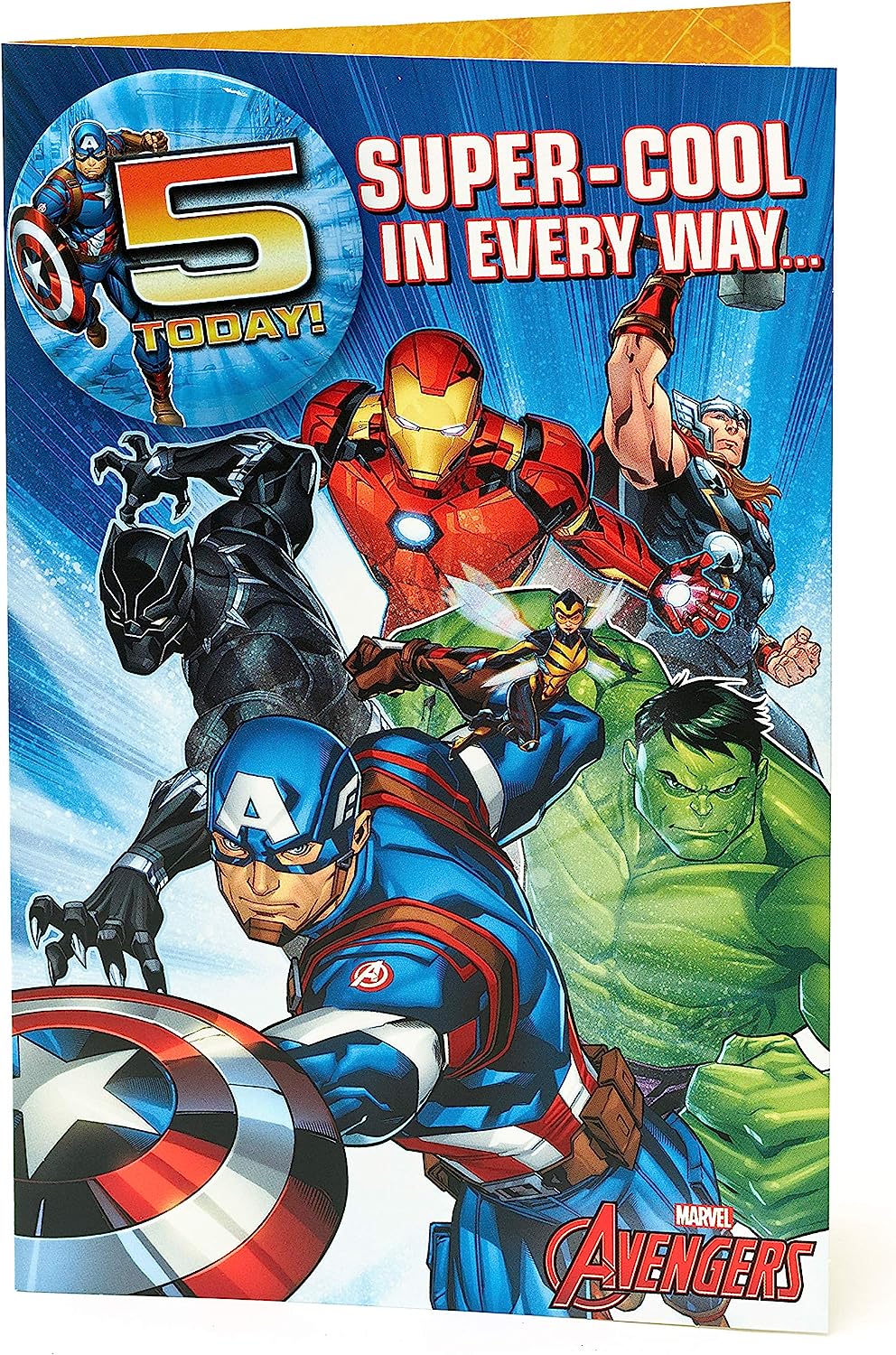 Avengers Hero 5th Birthday greeting card by UK Greetings featuring Marvel superheroes on a colorful badge design.